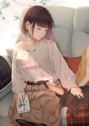 Rule 34 | 1girl, animal, bad id, bad pixiv id, bell, belt, black pantyhose, blanket, book, brown hair, brown skirt, cat, collar, couch, earrings, highres, indoors, jewelry, leaf, light blush, light particles, long sleeves, lying, medium hair, mole, mole under eye, nail polish, neck bell, necklace, on couch, on side, original, pantyhose, petting, pillow, plaid blanket, pleated skirt, red collar, ribbed sweater, saitou (lynx-shrike), sidelocks, sitting, skirt, smile, sunlight, sunset, sweater, yellow eyes