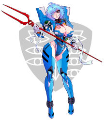 Rule 34 | 1girl, adapted costume, alternate breast size, armor, artist request, ayanami rei, bandage on face, bandages, blue hair, boots, breast tattoo, breasts, cleavage, cosplay, curvy, eva 00 (cosplay), full body, gloves, highleg, highleg leotard, highres, holding, holding weapon, impossible clothes, impossible leotard, lance of longinus (evangelion), leotard, long hair, looking at viewer, neon genesis evangelion, plugsuit, polearm, red eyes, redesign, shiny clothes, short hair, simple background, smile, solo, tattoo, very long hair, weapon, white background