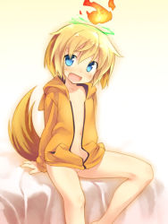 Rule 34 | 1girl, :d, animal ears, bad id, bad pixiv id, blonde hair, blue eyes, blush, borrowed character, coat, dog ears, dog tail, fang, fire, flaming halo, halo, hood, hoodie, mizuki kotora, naked coat, naked hoodie, navel, nicole mijoter, open clothes, open hoodie, open mouth, original, short hair, sitting, smile, solo, tail