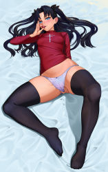 Rule 34 | 1girl, bed sheet, between legs, black bow, black thighhighs, blue panties, blush, bow, breasts, cameltoe, covered erect nipples, fate/stay night, fate (series), feet, from above, full body, hair bow, hand between legs, head tilt, holding, knee up, lasterk, lingerie, long hair, long legs, long sleeves, looking at viewer, looking up, lying, medium breasts, no pants, no shoes, on back, panties, parted bangs, parted lips, pussy juice, red sweater, saliva, solo, spread legs, sweater, thighhighs, tohsaka rin, underwear