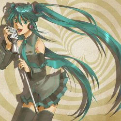Rule 34 | 1girl, bad id, bad pixiv id, detached sleeves, green eyes, green hair, green nails, hatsune miku, headset, long hair, matching hair/eyes, microphone, microphone stand, music, nail polish, necktie, rioko, singing, skirt, solo, thighhighs, twintails, very long hair, vocaloid, zettai ryouiki