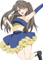 Rule 34 | 1girl, ;d, arm up, armpits, asymmetrical shirt, black footwear, blue skirt, breasts, brown hair, commentary, djpwjd1, foot out of frame, frilled skirt, frills, fujishima megumi, highres, jumping, layered skirt, link! like! love live!, long hair, looking at viewer, love live!, medium breasts, midriff, miniskirt, navel, nippon professional baseball, official alternate costume, one eye closed, open mouth, orix buffaloes, purple eyes, shirt, shoes, simple background, skirt, sleeveless, sleeveless shirt, smile, solo, two side up, virtual youtuber, white background