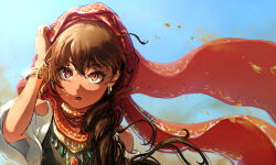 1girl bare_shoulders blue_sky bracelet braid brown_hair clothing_request dark-skinned_female dark_skin earrings headscarf highres jewelry looking_at_viewer ninjin_ika original parted_lips red_eyes sky solo upper_body