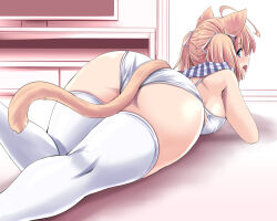Rule 34 | 1girl, ahoge, animal ears, ass, bikini, blonde hair, blue eyes, breasts, cat ears, cat girl, cat tail, commentary request, from behind, indoors, large breasts, looking at viewer, looking back, lying, on stomach, open mouth, original, pudding (tonpuu), scarf, solo, swimsuit, tail, thighhighs, tonpuu, twintails, white bikini, white thighhighs