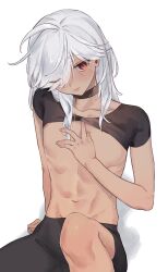 Rule 34 | 1boy, black choker, black shorts, blush, choker, closed mouth, cyno (genshin impact), dark-skinned male, dark skin, genshin impact, gomi deshu, hair between eyes, hair over one eye, highres, long hair, looking at viewer, male focus, no nipples, one eye closed, red eyes, short sleeves, shorts, simple background, sitting, solo, sweat, white background, white hair