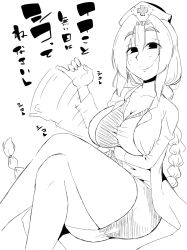 Rule 34 | 1girl, braid, breasts, cleavage, collarbone, crossed legs, dress, frilled dress, frills, greyscale, handjob gesture, hat, highres, large breasts, looking at viewer, monochrome, nurse, nurse cap, smile, solo, takeu, thighs, touhou, translation request, white hair, yagokoro eirin