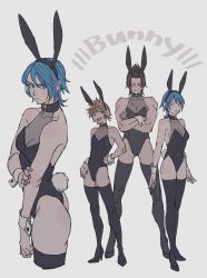Rule 34 | 1girl, 2boys, animal ears, aqua (kingdom hearts), arm at side, arms at sides, ass, bare shoulders, black footwear, black leotard, black thighhighs, blonde hair, blue eyes, blue hair, breasts, brown hair, cleavage, closed eyes, closed mouth, collarbone, cropped legs, crossdressing, crossed arms, fake animal ears, gluteal fold, hand on own hip, hand on own arm, highres, kingdom hearts, kingdom hearts birth by sleep, kingdom hearts iii, legs apart, leotard, looking at viewer, medium breasts, multiple boys, oimo (oimkimn), open mouth, rabbit ears, rabbit tail, shoes, short hair, sleeveless, smile, square enix, standing, swept bangs, terra (kingdom hearts), thighhighs, ventus (kingdom hearts), wrist cuffs