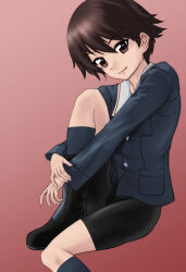 Rule 34 | 1girl, bike shorts, black footwear, black shorts, blue jacket, boots, brown eyes, brown hair, closed mouth, commentary request, girls und panzer, green shirt, highres, hugging own legs, isobe noriko, jacket, knee up, long sleeves, looking at viewer, military, military uniform, ooarai military uniform, red background, shirt, short hair, short shorts, shorts, simple background, sitting, sleeves rolled up, smile, solo, uniform, yoyokkun