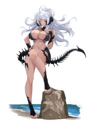 Rule 34 | 1girl, absurdres, bikini, blush, breasts, cleavage cutout, clothing cutout, curly hair, dragon girl, feet, final fantasy, final fantasy xiv, full body, hand on own chest, hand on own hip, highres, horns, huge breasts, looking down, nails, navel, one leg raised, ritdelba, rock, scales, smile, swimsuit, tail, teeth, warrior of light (ff14), white background, white hair, yellow eyes