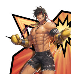 Rule 34 | 1boy, brown hair, dungeon and fighter, fighter (dungeon and fighter), hachimaki, headband, highres, jewelry, jin (sirius-j), large pectorals, male fighter (dungeon and fighter), male focus, muscular, navel, necklace, nipples, pectorals, short shorts, shorts, smile, solo, striker (dungeon and fighter), topless male, torn clothes