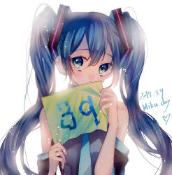 Rule 34 | 1girl, 39, 2017, absurdres, backlighting, bare shoulders, blue eyes, blue hair, blue necktie, character name, dated, detached sleeves, expressionless, grey shirt, hatsune miku, heart, highres, holding, holding sign, long hair, looking away, necktie, neckwear request, shirt, sign, simple background, solo, standing, twintails, ume neko (otaku-nyanko), upper body, very long hair, vocaloid, white background