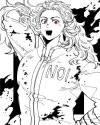 Rule 34 | 1girl, :d, arm behind back, arm up, dorohedoro, ear piercing, earrings, english text, framed, greyscale, highres, jacket, jewelry, long hair, monochrome, noboriis apj, noi (dorohedoro), open mouth, piercing, red eyes, smile, solo, splatter, spot color, track jacket, wavy hair