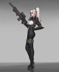 Rule 34 | 1girl, armor, assault rifle, blue eyes, bodysuit, boots, breasts, commentary, english commentary, eyepatch, full body, gloves, gun, hand on own hip, handgun, high collar, high ponytail, highres, knife, large breasts, long hair, looking at viewer, optical sight, original, pauldrons, rifle, shoulder armor, simple background, single pauldron, solo, standing, suppressor, trigger discipline, turtleneck, weapon, white hair, yangzheyy