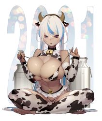Rule 34 | 1girl, 2021, absurdres, animal ears, animal print, bare shoulders, bell, bikini, black collar, black hairband, blue eyes, blue hair, blue nails, bottle, breasts, chinese zodiac, cleavage, collar, cow ears, cow horns, cow print, cow print sleeves, dark-skinned female, dark skin, detached sleeves, duto, fake animal ears, fake horns, full body, hair between eyes, hairband, highres, horns, huge breasts, indian style, long hair, looking at viewer, milk bottle, multicolored hair, nail polish, navel piercing, neck bell, original, piercing, print bikini, pulling own clothes, simple background, sitting, solo, strap pull, streaked hair, string bikini, swimsuit, thighhighs, white background, white hair, white thighhighs, year of the ox