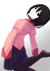 Rule 34 | 1girl, black eyes, black hair, black pantyhose, bob cut, breasts, closed mouth, commentary, dress shirt, empty eyes, foot up, from behind, gradient background, grey background, hair between eyes, highres, itachi kanade, juliet sleeves, leaning back, light smile, long sleeves, looking at viewer, looking back, monogatari (series), naoetsu high school uniform, no shoes, oshino ougi, pale skin, pantyhose, pink shirt, pleated skirt, puffy sleeves, purple skirt, school uniform, shirt, short hair, skirt, sleeves past fingers, sleeves past wrists, small breasts, solo, white background