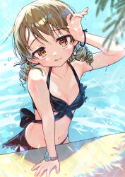 Rule 34 | 1girl, absurdres, arm support, back bow, bikini, black bikini, bow, bracelet, breasts, brown eyes, cleavage, closed mouth, collarbone, commentary request, day, drill hair, hand up, highres, idolmaster, idolmaster cinderella girls, jewelry, light blush, light brown hair, looking at viewer, medium hair, messy hair, morikubo nono, navel, outdoors, plant, pool, poolside, small breasts, solo, stomach, sunlight, swimsuit, tongue, tongue out, water, wet, wet hair, wristband, yukinuno