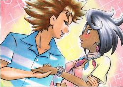 Rule 34 | 1boy, 1girl, blue shirt, blush, brock (pokemon), brown hair, closed eyes, collared shirt, commentary request, creatures (company), dark-skinned female, dark skin, earrings, eyelashes, from side, game freak, grey hair, hetero, highres, holding hands, jewelry, lipstick, makeup, necklace, nintendo, oka mochi, olivia (pokemon), open mouth, pink lips, pokemon, pokemon (anime), pokemon sm (anime), shirt, short hair, short sleeves, smile, spiked hair, tongue, traditional media, upper body