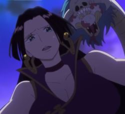 Rule 34 | 1girl, bare shoulders, black hair, blue eyes, boa hancock, breasts, choker, cleavage, collarbone, dress, earrings, highres, jewelry, large breasts, long hair, looking at viewer, night, night sky, one piece, open mouth, purple dress, salome (one piece), screencap, sky, sleeveless, snake, sweat, third-party edit
