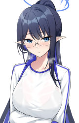 Rule 34 | 1girl, alternate costume, alternate hairstyle, arm under breasts, black hair, blue archive, blue eyeliner, blue eyes, breasts, closed mouth, eyeliner, glasses, halo, highres, jacket, large breasts, light blush, long hair, long sleeves, looking at viewer, open clothes, open jacket, pointy ears, ponytail, rimless eyewear, rin (blue archive), shirt, simple background, solo, sweat, tennen inari, upper body, white background, white jacket, white shirt