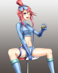 Rule 34 | 10s, 1girl, bad id, bad pixiv id, blue eyes, blue footwear, boots, breasts, creatures (company), crop top, game freak, gloves, gym leader, highres, holding, holding poke ball, large breasts, long hair, maazyu, midriff, navel, nintendo, one eye closed, open fly, open mouth, outstretched hand, poke ball, pokemon, pokemon bw, ponytail, quick ball, red hair, shirt, short hair with long locks, short shorts, shorts, sitting, skyla (pokemon), smile, solo, taut clothes, taut shirt, unzipped, wink