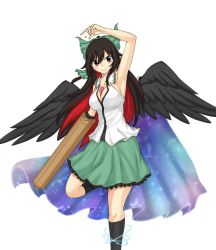 Rule 34 | 1girl, abyss arts, arm cannon, arm over head, atom, bird wings, black hair, black socks, black wings, blouse, bow, breasts, brown eyes, cape, collared shirt, control rod, frilled skirt, frills, green bow, green skirt, hair bow, highres, kneehighs, large breasts, long hair, multicolored hair, red hair, reiuji utsuho, shirt, simple background, skirt, sleeveless, sleeveless shirt, socks, solo, standing, standing on one leg, starry sky print, third eye, touhou, weapon, white background, white shirt, wings
