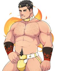 Rule 34 | 1boy, abs, bara, beard, bulge, chest hair, collar, cowboy shot, crotch plate, facial hair, fire, flame print, geckobara, hairy, highres, jockstrap, large pectorals, leg hair, looking at viewer, male focus, male underwear, male underwear pull, mature male, muscular, muscular male, navel, navel hair, nipples, pectorals, pulling own clothes, short hair, sideburns, solo, stomach, stubble, thick thighs, thighs, tokyo houkago summoners, underwear, white collar, white male underwear, yellow male underwear, zabaniyya (housamo)