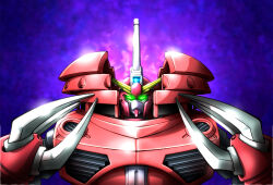 Rule 34 | asunaro (asunar5zng), claws, commentary, disguise, glowing, glowing eyes, green eyes, gundam, gundam seed, gundam seed freedom, infinite justice gundam type ii, looking at viewer, mecha, no humans, purple background, robot, science fiction, solo, upper body, v-fin, z&#039;gok (seed)