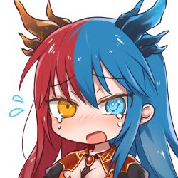 Rule 34 | 1girl, blue eyes, blue hair, blue horns, blush, breasts, bright pupils, chibi, cleavage, commission, commissioner upload, crying, crying with eyes open, dragon girl, dragon horns, dress, gem, horns, inferna dragnis (xoldrek), jewelry, long hair, looking at viewer, medium breasts, multicolored eyes, multicolored hair, multicolored horns, necktie, open mouth, orange eyes, original, pale skin, red hair, red horns, solo, split-color hair, standing, symbol-shaped pupils, tears, transparent background, usagi1923, water drop, white pupils