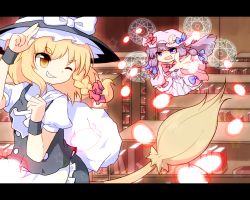 Rule 34 | 2girls, bad id, bad pixiv id, bag, blonde hair, book, bow, braid, broom, crescent, danmaku, dodecagram, dress, female focus, grin, hair bow, hat, highres, kirisame marisa, koza, kozakura (dictionary), letterboxed, library, long hair, magic circle, multiple girls, one eye closed, open mouth, patchouli knowledge, purple eyes, purple hair, ribbon, side braid, smile, touhou, voile, wink, witch, witch hat, yellow eyes