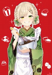 Rule 34 | 1girl, absurdres, apron, bow, bowl, braid, brown hair, chocolate, commentary request, double bun, frilled apron, frills, green bow, green eyes, green kimono, hair bow, hair bun, heterochromia, highres, holding, holding bowl, ibara muan, japanese clothes, kimono, long sleeves, looking at viewer, maid apron, mixing bowl, original, red background, smile, sofra, solo, whisk, white apron, wide sleeves, yellow eyes