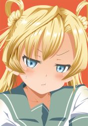 Rule 34 | 10s, 1girl, abukuma (kancolle), blonde hair, blue eyes, blush, commentary request, double bun, hair bun, hair rings, kantai collection, long hair, looking at viewer, parted bangs, pout, red background, sailor collar, sailor shirt, shino (ponjiyuusu), shirt, sidelocks, solo, sweatdrop, twintails, upper body