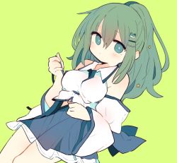 Rule 34 | 1girl, 76gpo, alternate costume, aqua eyes, blue skirt, breasts, closed mouth, detached sleeves, frilled skirt, frills, frog hair ornament, green background, green hair, hair between eyes, hair ornament, hairclip, kochiya sanae, long hair, looking at viewer, medium breasts, nontraditional miko, ponytail, shirt, simple background, skirt, solo, star (symbol), touhou, white shirt, wide sleeves, yellow background