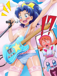 Rule 34 | !, !!, 0 0, 10s, 2girls, arm up, armpits, blue eyes, blue hair, blush, bow, breasts, choker, cleft of venus, electric guitar, fang, garter straps, guitar, hair bow, highres, instrument, kirakira precure a la mode, long hair, mameshiba (pixiv 59310), microphone, multiple girls, open mouth, panties, pekorin (precure), ponytail, precure, short hair, striped clothes, striped panties, tategami aoi, thighhighs, topless, twintails, underwear, usami ichika, yellow bow