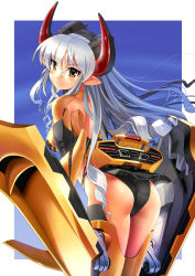 Rule 34 | 1girl, ass, black one-piece swimsuit, blush, drill hair, horns, katahira masashi, long hair, looking at viewer, looking back, one-piece swimsuit, original, outside border, personification, pointy ears, silver hair, smile, solo, swimsuit, yellow eyes
