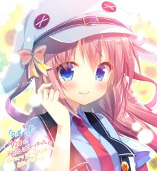 Rule 34 | 1girl, asamiya himari, blue eyes, blush, bow, d.s. -dal segno-, hair bow, hair ribbon, hat, long hair, looking at viewer, mitsumomo mamu, necktie, red hair, red necktie, ribbon, smile, solo, text focus, translation request, white hat, yellow bow, yellow ribbon