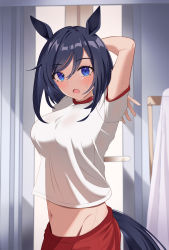 Rule 34 | 1girl, absurdres, animal ears, arms behind head, arms up, black hair, blue eyes, blurry, blurry background, blush, breasts, door, eishin flash (umamusume), groin, gym uniform, highres, horse ears, horse girl, horse tail, indoors, looking at viewer, medium breasts, medium hair, navel, newon, open mouth, red shorts, shirt, short sleeves, shorts, solo, sweat, tail, umamusume, white shirt