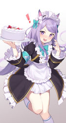 Rule 34 | !, 1girl, :d, absurdres, alternate costume, animal ears, apron, aqua bow, aqua bowtie, black jacket, blush, bow, bowtie, cake, commentary, cowboy shot, cream, cream on face, enmaided, food, food on face, frilled jacket, frilled shirt collar, frilled sleeves, frills, fruit, hands up, highres, holding, holding plate, horse ears, horse girl, horse tail, jacket, kneehighs, light purple hair, long hair, long sleeves, looking at viewer, maid, maid headdress, mejiro mcqueen (umamusume), miniskirt, ohihil, open mouth, plate, purple eyes, skirt, smile, socks, solo, standing, standing on one leg, strawberry, swept bangs, tail, two-tone background, umamusume, waist apron, white apron, white skirt, white socks, wide sleeves