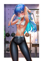 Rule 34 | 1girl, absurdres, armpits, arms up, blue hair, blush, bottle, breasts, breath, closed mouth, collarbone, commentary, earrings, exercise machine, flat chest, green ribbon, grey eyes, gym, hair ornament, hair ribbon, highres, hololive, hoshimachi suisei, indoors, jagoo, jewelry, looking at viewer, multicolored hair, pants, plant, ribbon, small breasts, sportswear, star (symbol), star hair ornament, stomach, sweat, topless, towel, towel around neck, two-tone hair, virtual youtuber, water bottle, weights
