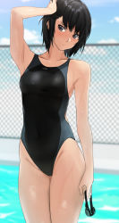 Rule 34 | 1girl, amagami, black hair, black one-piece swimsuit, blue sky, breasts, brown eyes, chain-link fence, cloud, competition swimsuit, cowboy shot, fence, goggles, unworn goggles, groin, highres, looking at viewer, nanasaki ai, one-piece swimsuit, pool, poolside, short hair, sky, small breasts, solo, swimsuit, two-tone swimsuit, yoo tenchi