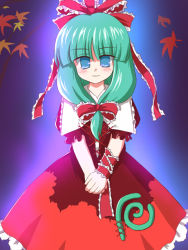 Rule 34 | 1girl, autumn leaves, blue background, blue eyes, dress, falling leaves, female focus, frills, front ponytail, green hair, kagiyama hina, leaf, looking at viewer, own hands together, puffy short sleeves, puffy sleeves, red dress, ry (yagoyago), shawl, short sleeves, simple background, solo, standing, touhou, v arms, wrist cuffs