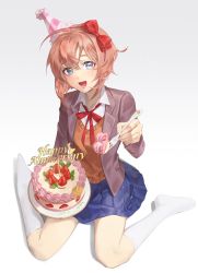 Rule 34 | 1girl, :d, anniversary, blazer, blue eyes, blue skirt, bow, brown jacket, brown vest, cake, collared shirt, doki doki literature club, food, fork, fruit, hair bow, hat, highres, holding, holding fork, holding plate, incoming food, jacket, jyuma, looking at viewer, offering, open mouth, party hat, plate, red bow, sayori (doki doki literature club), shirt, short hair, sitting, skirt, smile, socks, solo, strawberry, vest, wariza, white shirt