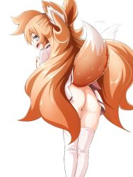 Rule 34 | ass, bad id, bad twitter id, blue eyes, bottomless, fox tail, from behind, highres, looking back, niwaka potato, open mouth, orange hair, original, simple background, tail, tail wagging, thighhighs, white background