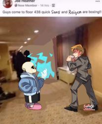 Rule 34 | 2boys, artist name, blonde hair, closed mouth, commentary, english commentary, english text, facebook, film grain, flaming eye, flaming hand, formal, from side, furansy, glowing, glowing eye, glowing hand, hand in pocket, highres, indoors, long sleeves, male focus, meme, mob psycho 100, multiple boys, open mouth, photo background, raised fists, reigen arataka, sans (undertale), serious, skeleton, slippers, suit, tumblr sexyman tournament, twitter username, undertale