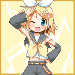 Rule 34 | blonde hair, blue eyes, detached sleeves, hair ribbon, kagamine rin, microphone, midriff, minami (colorful palette), one eye closed, ribbon, shorts, solo, vocaloid, wink