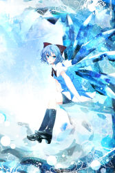 Rule 34 | 1girl, :o, bad id, bad pixiv id, black socks, blue eyes, blue hair, blue theme, blush, bow, cirno, dress, hair bow, highres, ice, ice wings, kneehighs, loafers, looking back, mary janes, matching hair/eyes, nmaaaaa, open mouth, shoes, short hair, sitting, socks, solo, touhou, tsurime, wings