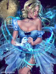 Rule 34 | 1girl, absurdres, aleksandra jedrasik, artist name, bare shoulders, black hairband, black neckwear, blonde hair, blue bow, blue dress, bow, breasts, bridal garter, choker, cinderella, cinderella (disney), cleavage, closed eyes, closed mouth, collarbone, commentary, deviantart username, dress, earrings, fingernails, gloves, hair over face, hairband, highres, jewelry, large breasts, lips, nail polish, nose, off shoulder, pearl earrings, puffy short sleeves, puffy sleeves, red lips, short hair, short sleeves, signature, single glove, solo, standing, watermark, web address