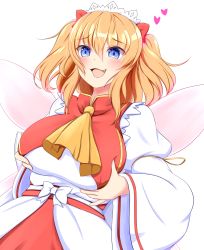 Rule 34 | 1girl, :d, ascot, blue eyes, breasts, fairy wings, fang, headdress, heart, highres, juliet sleeves, large breasts, long sleeves, looking at viewer, open mouth, orange hair, pink wings, puffy sleeves, r a j c s, short hair, simple background, smile, solo, sunny milk, touhou, two side up, upper body, white background, wide sleeves, wings, yellow ascot