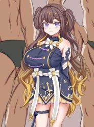 Rule 34 | 1girl, 2boys, anya melfissa, blonde hair, blush, breasts, brown hair, dress, height difference, highres, hololive, hololive indonesia, large breasts, lengkuass, multicolored hair, multiple boys, purple eyes, shortstack, size difference, smile, two-tone hair, virtual youtuber