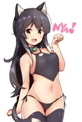 Rule 34 | 1girl, :d, animal ears, bare shoulders, bikini, black bikini, black hair, black thighhighs, blush, breasts, cat ears, cat tail, collar, long hair, looking at viewer, navel, open mouth, original, paw pose, rokushou kokuu, simple background, sketch, small breasts, smile, solo, swimsuit, tail, thighhighs, white background, yellow eyes