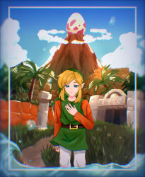 Rule 34 | 1boy, absurdres, belt, blonde hair, blue eyes, blue sky, brown belt, brown shirt, chromatic aberration, closed mouth, expressionless, green headwear, green tunic, hand on own chest, highres, link, male focus, mountain, nintendo, outdoors, palm tree, pants, pointy ears, shirt, sky, solo, split mouth, straight-on, the legend of zelda, the legend of zelda: link&#039;s awakening, tree, white pants, windfish&#039;s egg, yyu pu